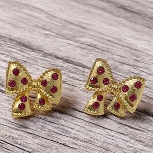 Gold Bow Earrings With Sparkly Pink Crystals NWOT